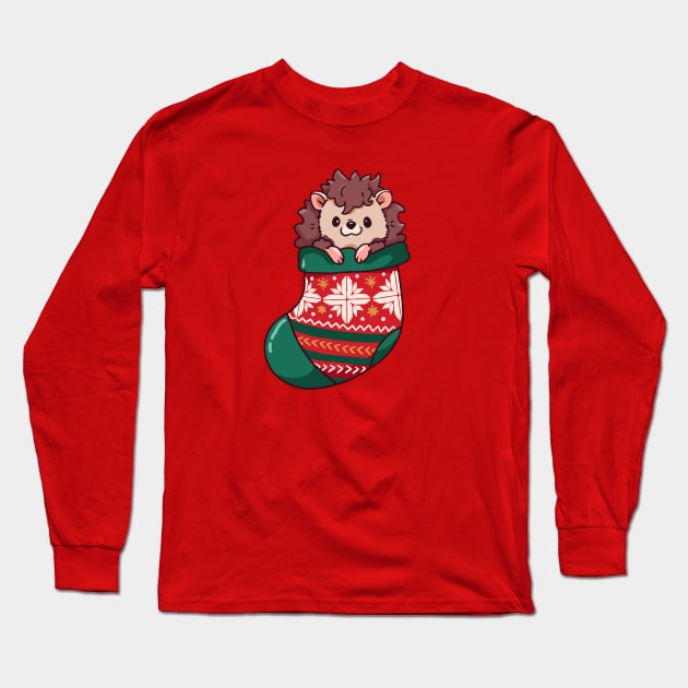 Cute Cartoon Christmas Hedgehog in a Stocking Long Sleeve T-Shirt by SLAG_Creative
